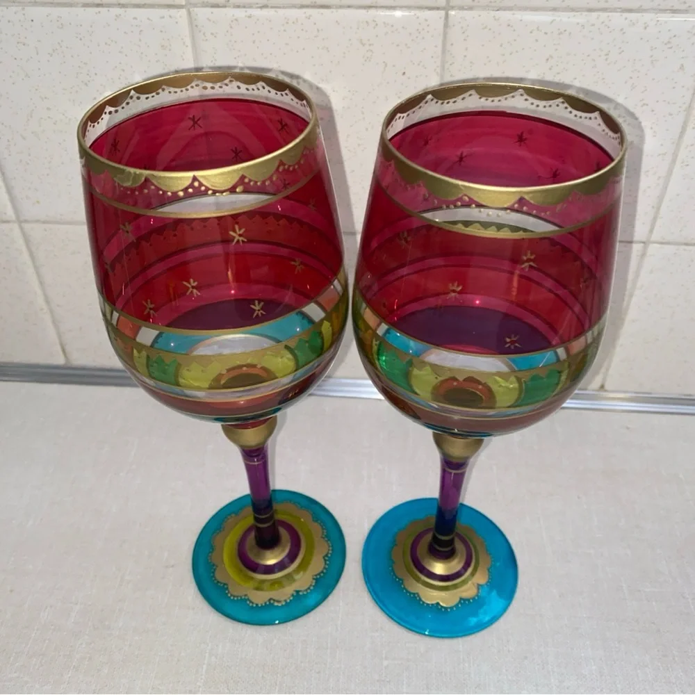 Pier 1 Festive Holiday Stripe Red Gold Purple Blue Wine Glass Set Hand‎ Painted